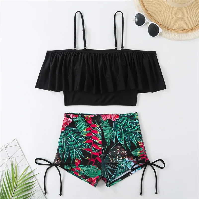 Women's High Waist Bikini Set Conservative Swimwear Tummy Control Tie-Side Bottoms Ruffled Top 2025 Summer Two Piece Shorts Set