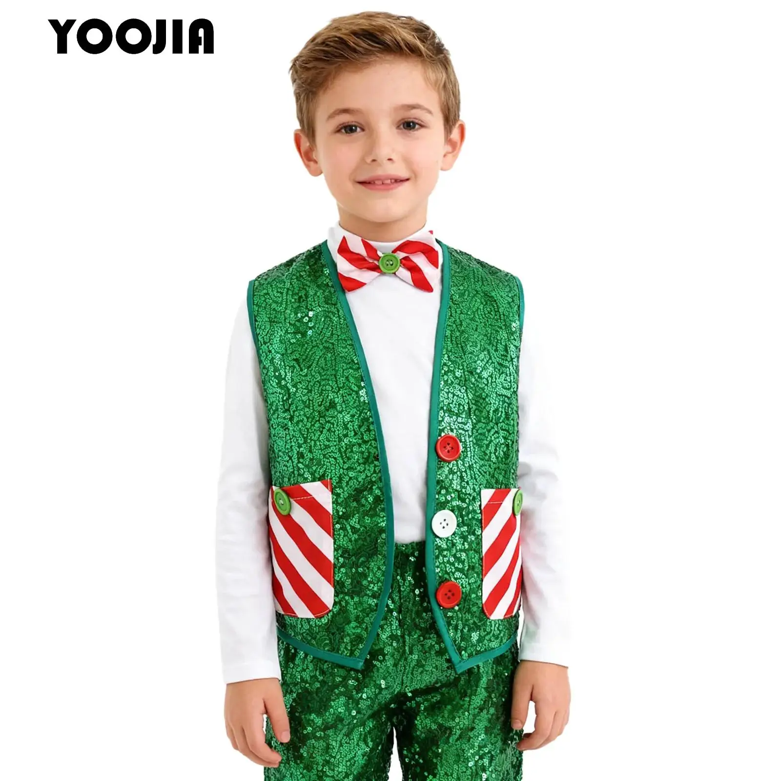 Boys Girl Christmas Vest Candy Cane Striped Sequin Santa Elf Cosplay Party Latin Jaze Dance Tops Holiday Festival Xmas Waistcoat