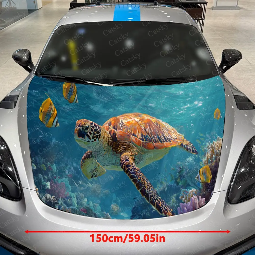 Turtle in Coral Reef Pattern PVC Car Hood Sticker,Waterproof Self-Adhesive Vinyl Graphics Decals,Decor Auto Accessories Stickers