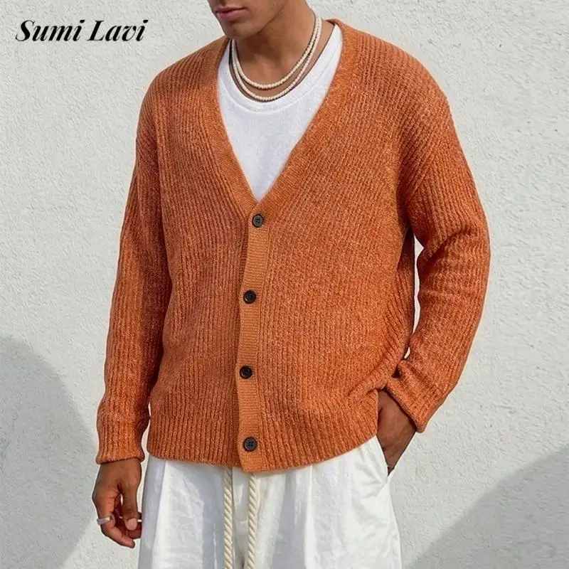 2026 Fall New Casual Mens Solid Color Sweaters Vintage V Neck Button-up Cardigan Tops Men Fashion Long Sleeve Slim Knit Jacket