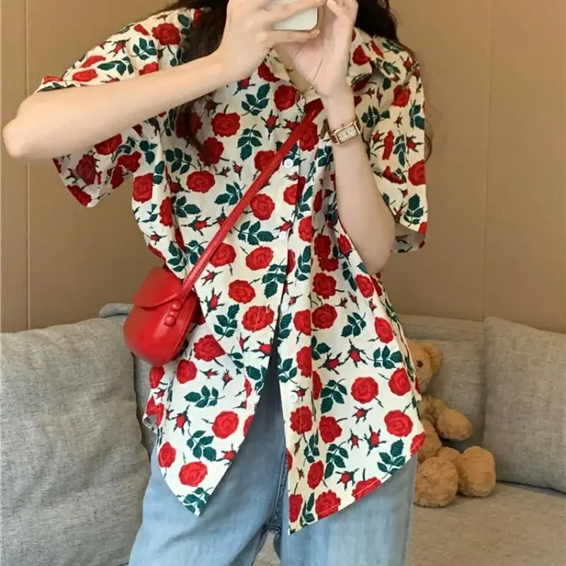 Vintage Flower Shirt Summer New Vintage Printing Shirt Tops Polo Neck Short Sleeve All-Match Loose Blouse Fashion Casual Women