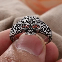 Promotion Jewelry Vintage Carved Flower Skeleton Head Thai Silver Unisex Rings Cheap Gifts For Women Man