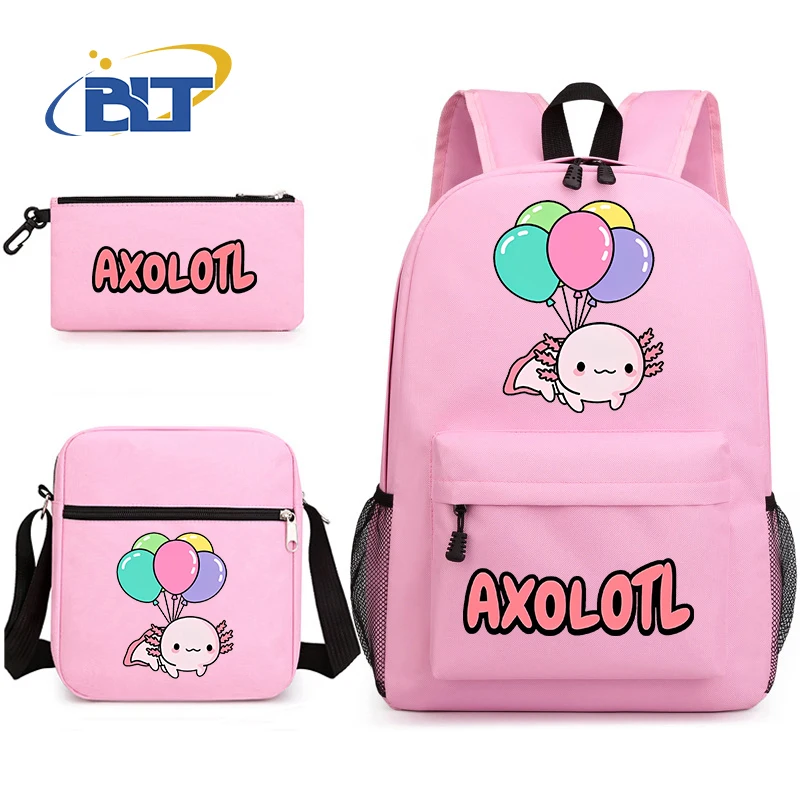 Cute Axolotl printed girls school bag set student backpack shoulder bag pencil case 3-piece set kids back-to-school gift