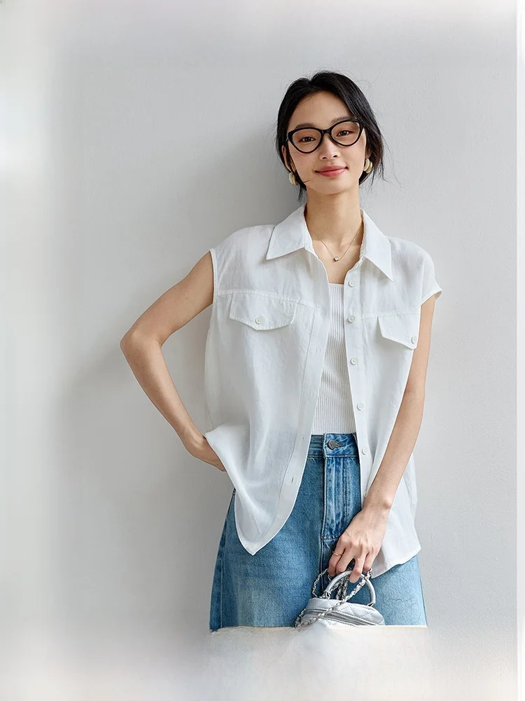 

Simple Commute Women's Shirt Summer New Style 2026 Sleeveless Turn-down Collar Top Breathable Casual Pure Color Fashion