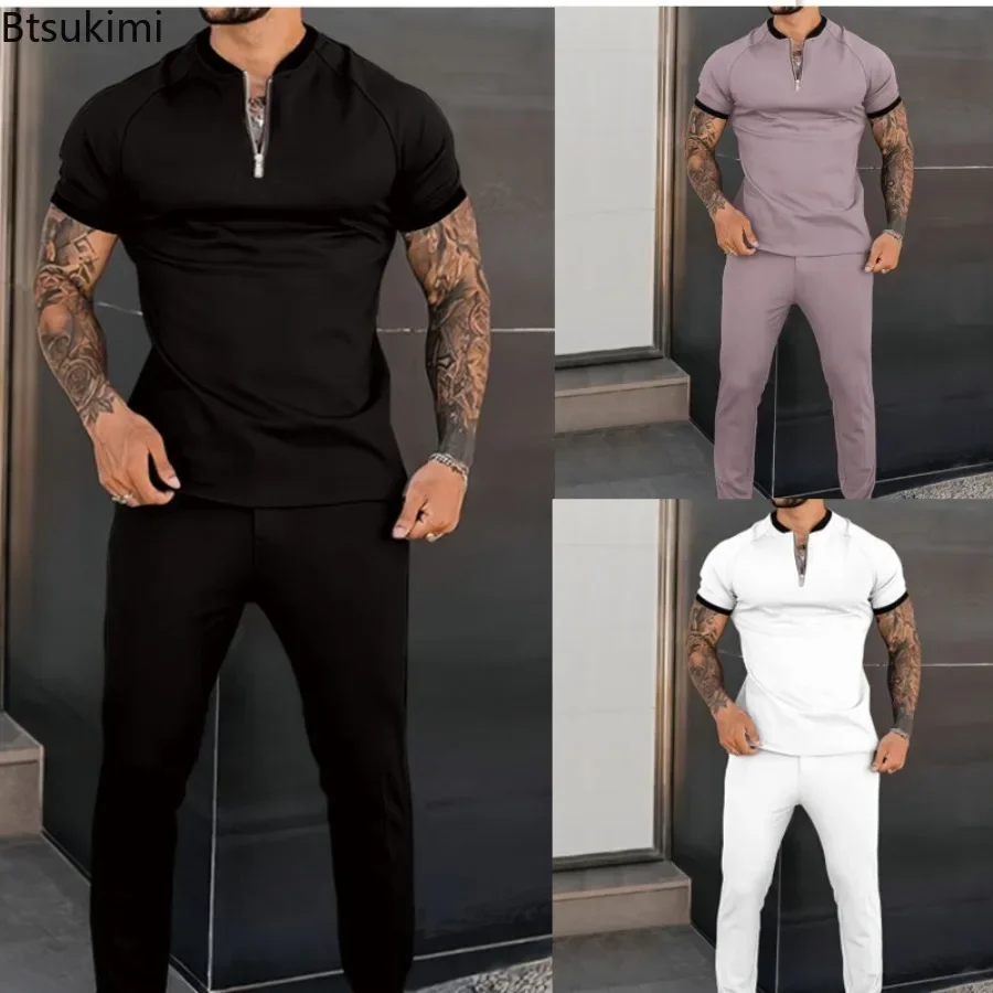 2024 Trend Men\'s Sport Suit New Short Sleeve Half Zip Stand Collar Pullover+Pants Two Pieces Fashion Solid Casual Slim Male Sets