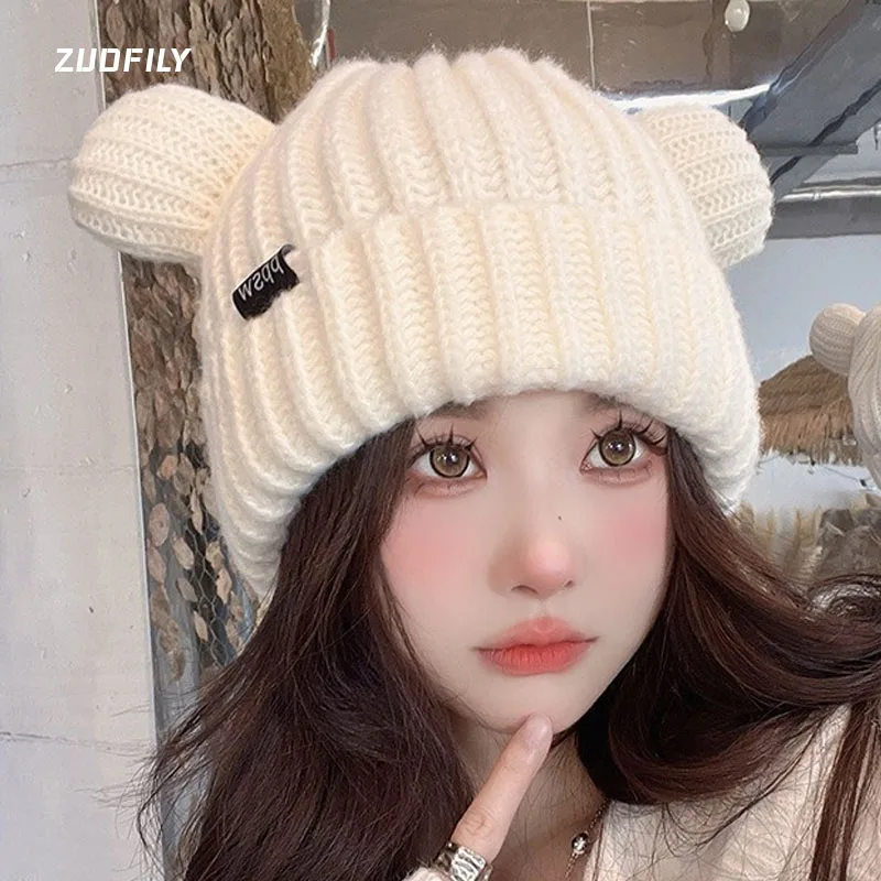 Lovely Bear Ear Hat Winter Women Knitting Warmer Hat Thickened Cute Bear Ear Cap Coldproof Ear Peotective Cap for Girls Skiing