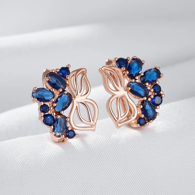 Kinel Hot 585 Rose Gold Color Fine Drop Earrings for Women Crystal Flower Blue Natural Zircon Accessories Daily Vintage Jewelry