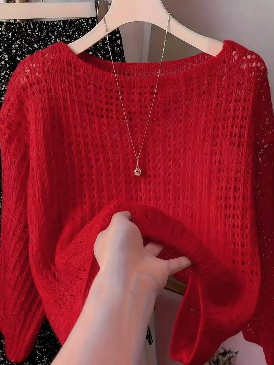 

Casual Solid Color Hollow Knit Sweater For Women Summer