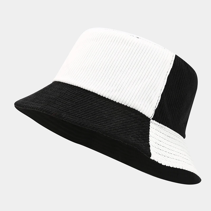 Custom Logo Vintage Corduroy Bucket Hat Two Tone Patchwork Wide Brim Sun Hat Retro Streetwear Unisex Warm Cap For Men Women