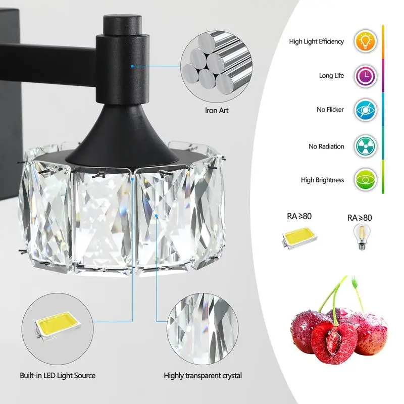 تركيبات إضاءة LED حديثة ذات 4 مصابيح غير لامعة باللون الأسود غير اللامع مع ظلال زجاجية كريستالية لتزيين جدران الحمام الأنيق