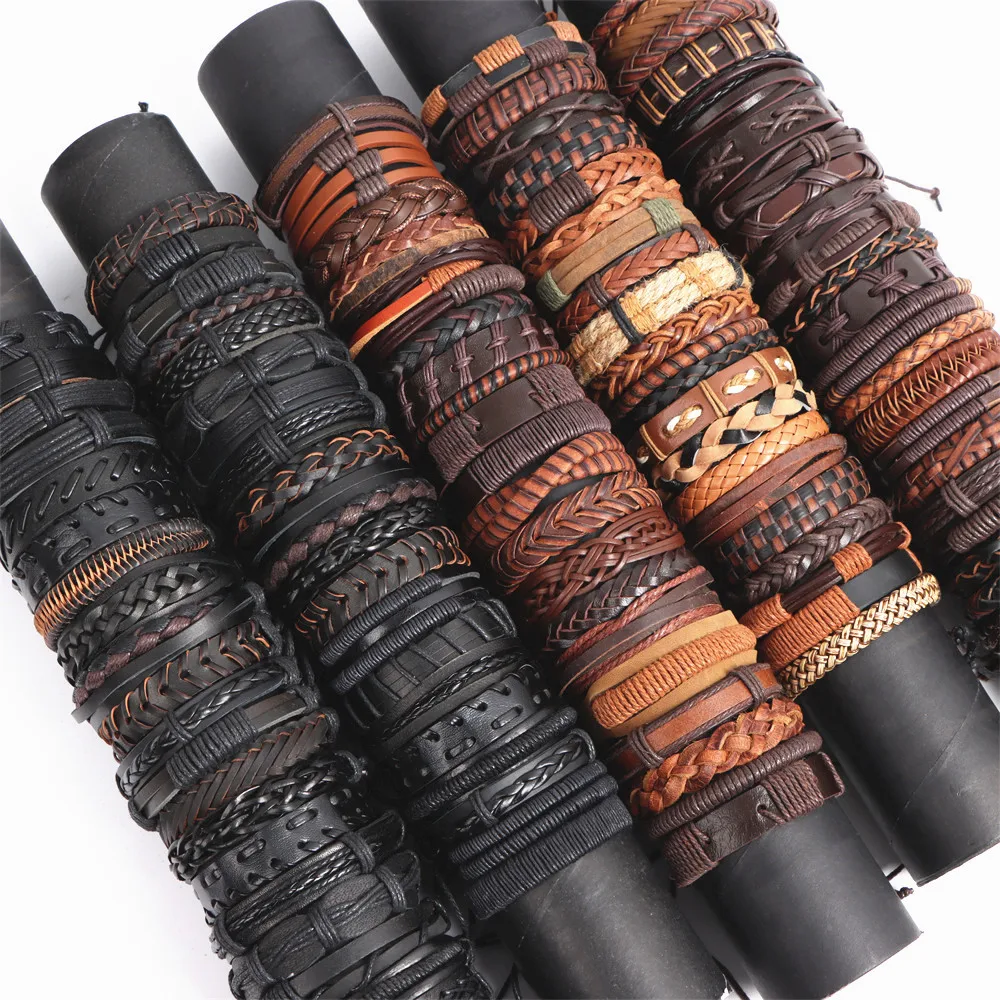 10/20/30/50/100Pcs Vintage Trend Colorful Cowhide Woven Adjustable Leather Bracelets Mens For Holiday Party Best Gifts Wholesale