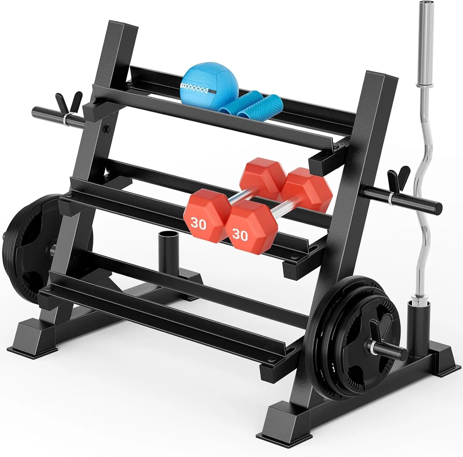Home Gym Use, Solid Material, Brown Color, 1100LBS Capacity, 3-Tier Adjustable and Multifunctional Dumbbell Rack