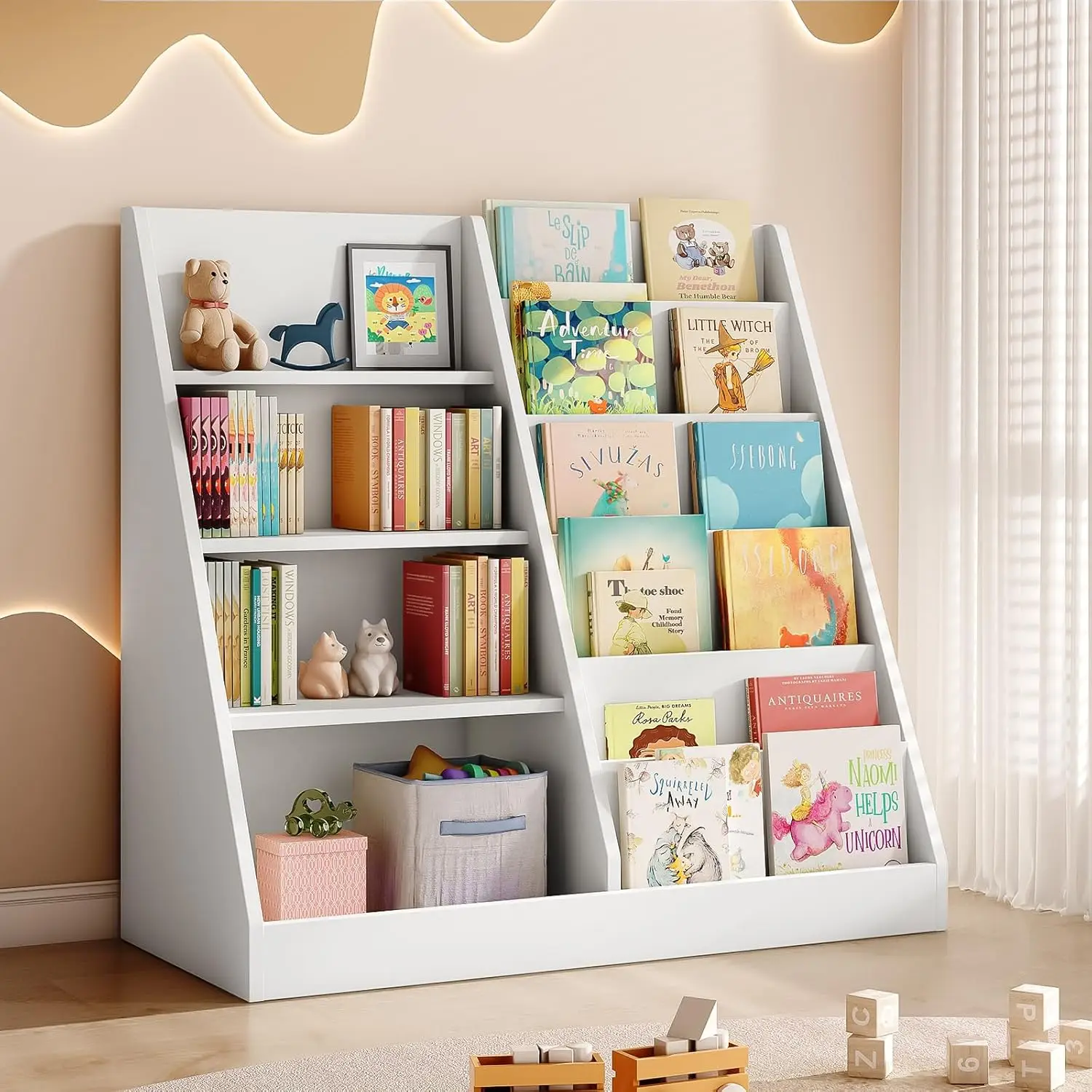 

6-Tier Kids Wooden Bookshelf and Toy Organizer with Book Shelves, Montessori Style for Nursery and Playroom, White