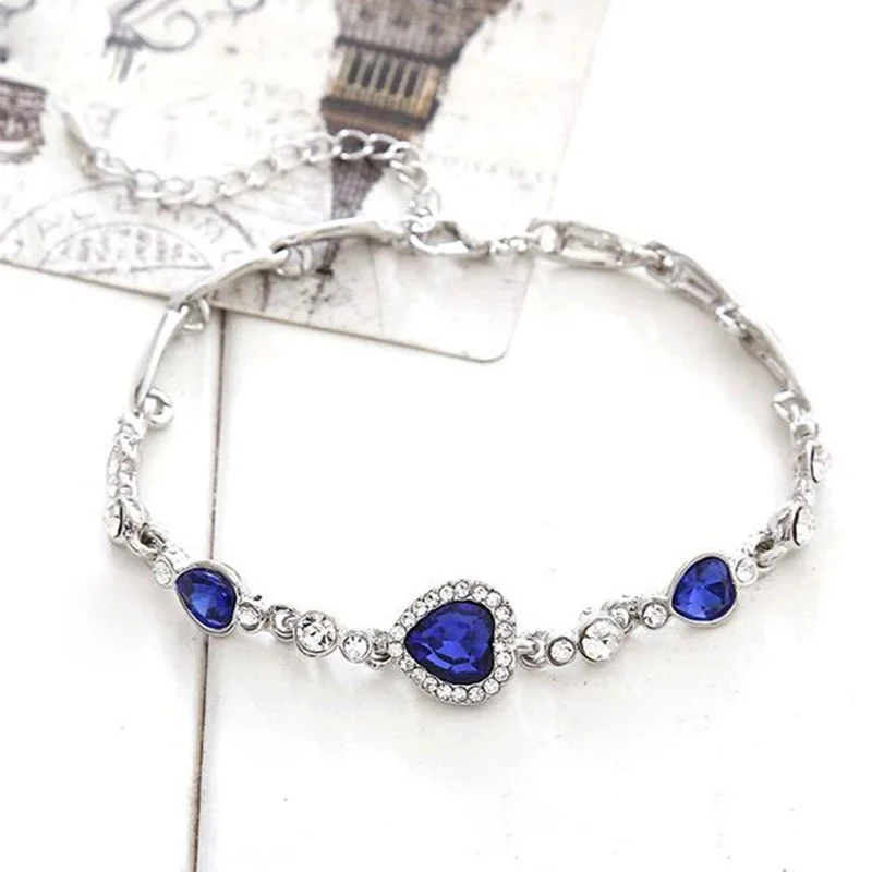 Hottest Womens Ladies Crystal Rhinestone Bangle Ocean Blue Bracelet Chain Heart Jewelry Party Gifts Peach Heart Bracelet