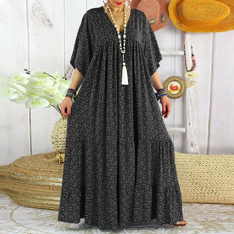 Spring Summer 2024 Casual Bohemian Beach Long Swing Dress V-neck Half Sleeve Floral Print Dress For Women Loose Large Size Dress