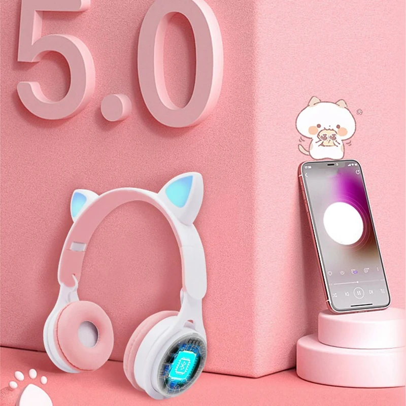 سماعات رأس للأطفال، سماعات أذن قطة بإضاءة LED ملونة، سماعة رأس بلوتوث 5.0، تدعم بطاقة TF