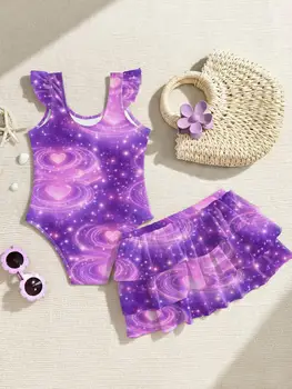 Girls' Tank Swimsuit with Ruffled Skirt | Two-Piece Swimwear Set 2 Girls' Swimwear Set: Girls' Tank Top One-Piece Swimsuit + Cute Ruffled Swimsuit Skirt, Two-Piece Swimsuit Suitable for 4-11 Year Old Girls, Summer Beach Vacation Outfit 2