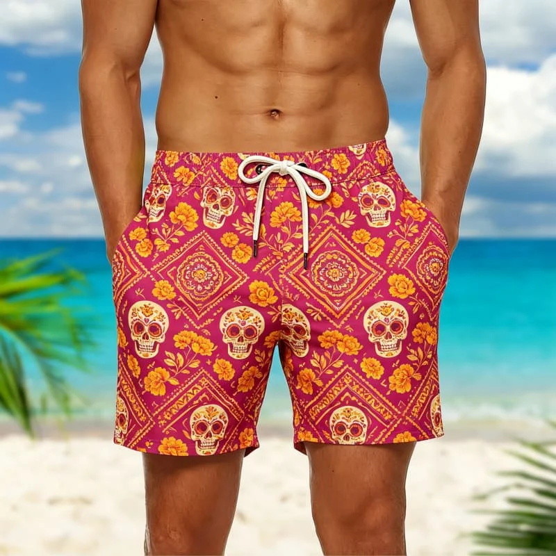 

1=Men's Edgy Skull & Fantasy Print Casual Shorts,for relaxed outings, poolside leisure, weekend trips and daily summer dressing.