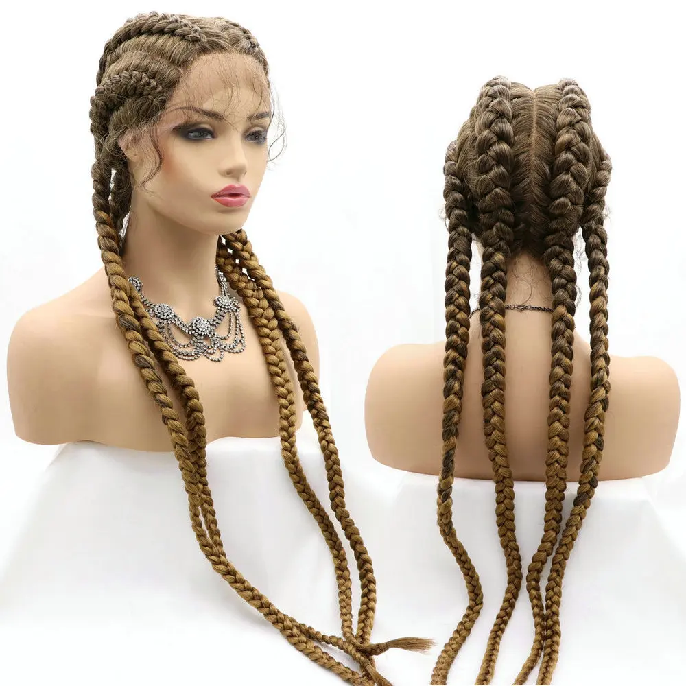 Melody Synthetic Lace Front Brown Braided Wigs 1B/27 Black Brown Mixed Wig with Baby Hair Hand-Braided 4x Dutch Braids Brown 32