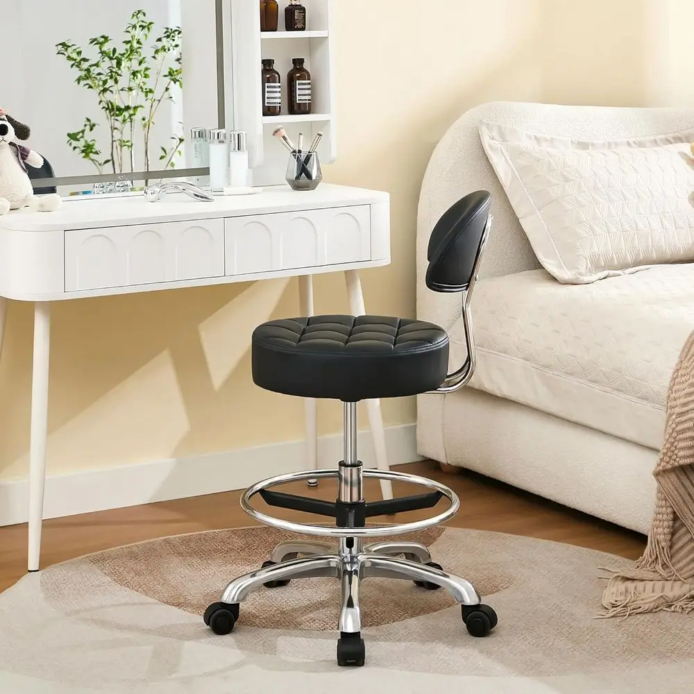 Stool with Back Support (Sturdy Base) Lash Chair with Quiet Wheels and Foot Rest Black Leather Vanity Chair (Black)
