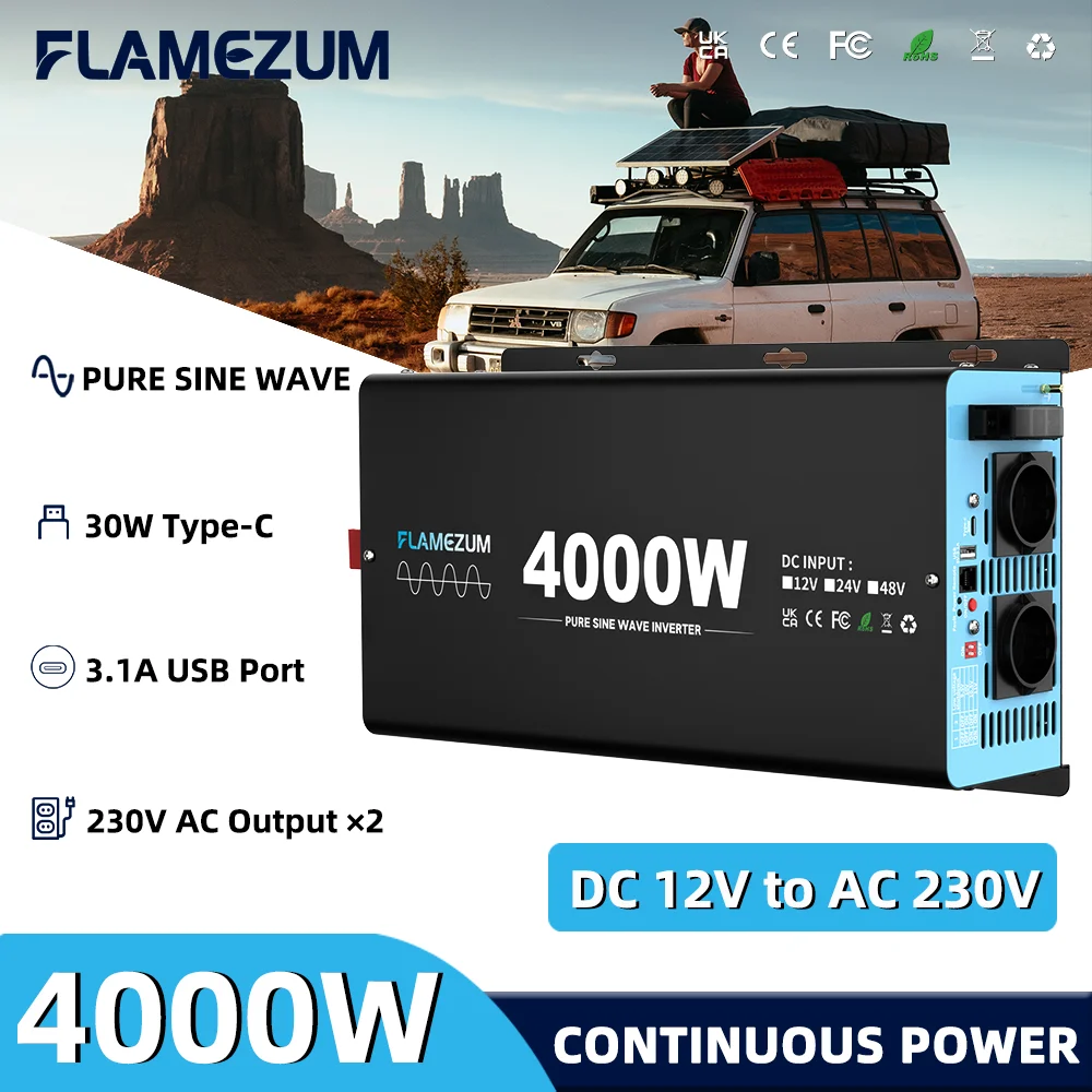 4000W Continuous Power Pure Sine Wave Inverter DC 12V to AC 230V 50HZ EU Socket LCD Car Voltmeter Converter Transformer