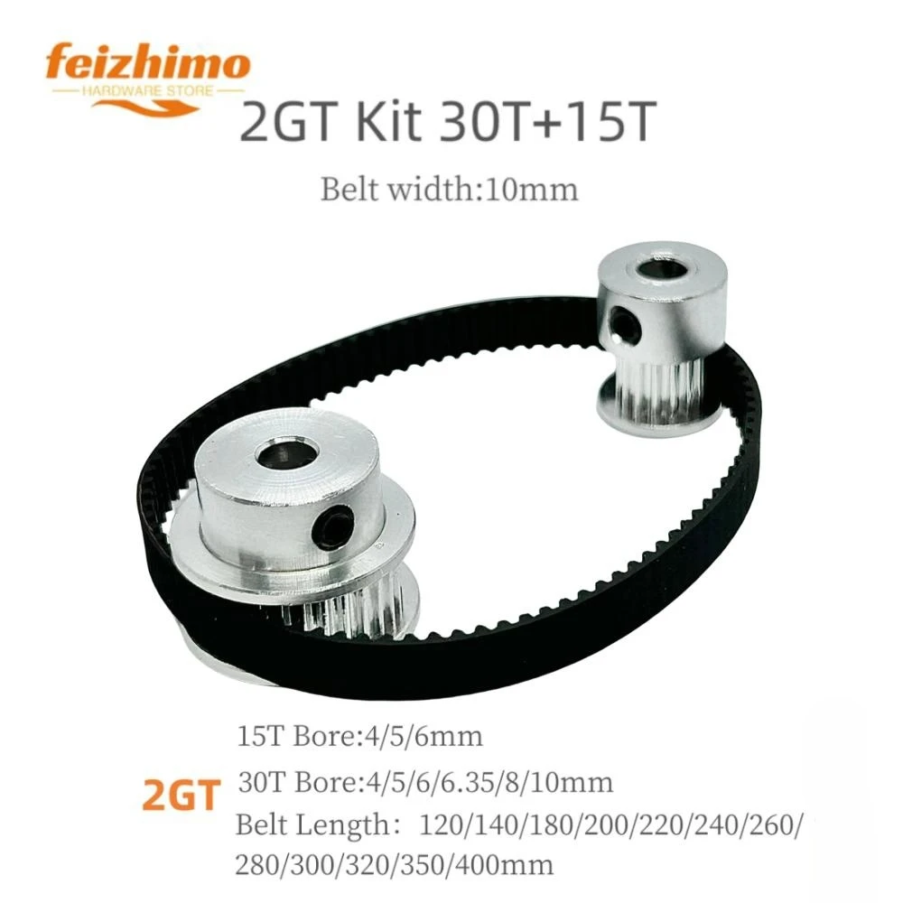 

GT2Synchronous Pulley Belt Kit 30T 15Teeth Belt Width 10mm 2GT Timing Belt Pulley Set Tensioning Wheel Bore 3~10mm Reduction 2:1