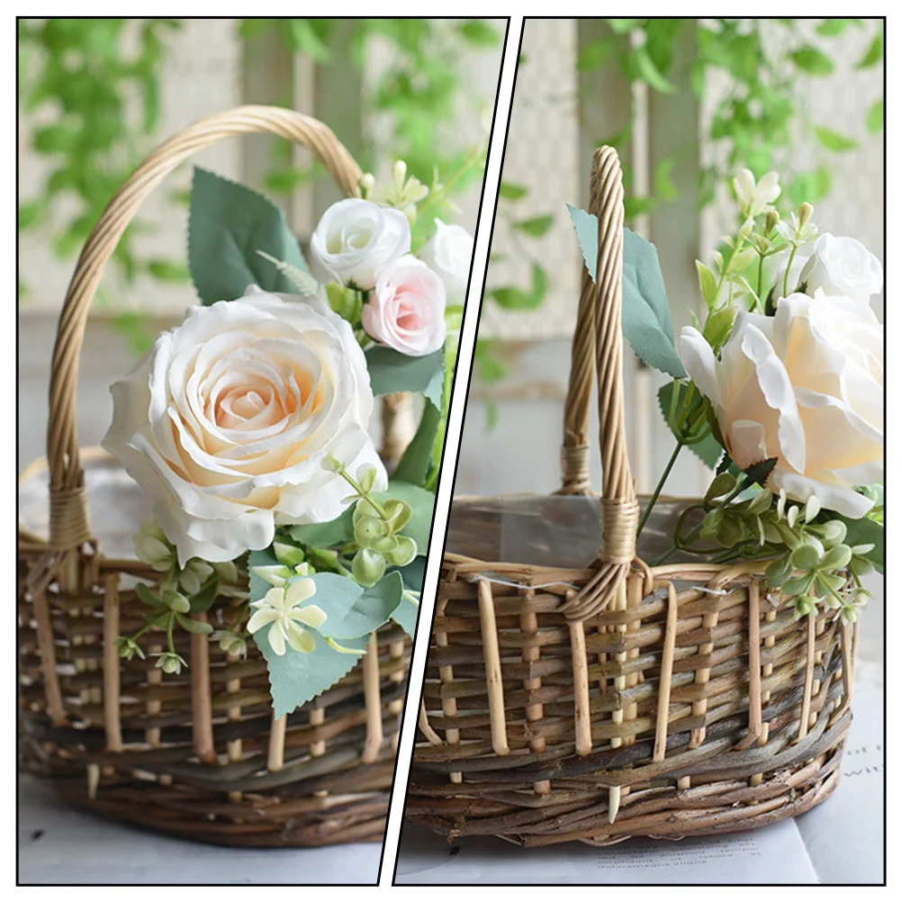 

2pcs Rattan Floral Basket With Handle With Handle Decorative Storage Basket For Fresh Dried Flowers Home Decoration