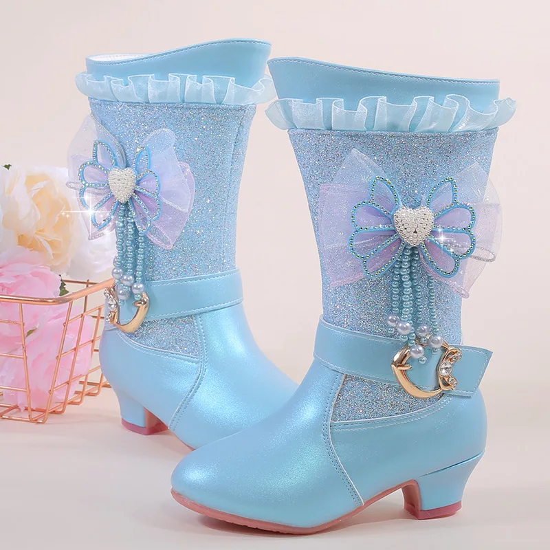 Children's Princess Warm Snow Boots Autumn Winter Pearl Bowknot Fashion Girls High Boots Tassel High Heeled Kids Cotton Botas