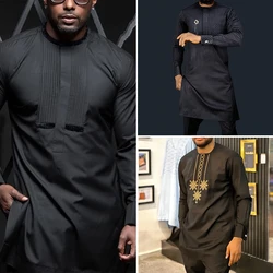 New In Suits for Men 2 Piece Sets Men Outfit Long Sleeve Embroidered Casual Top and Solid Color Pants African Ethnic Men Suit