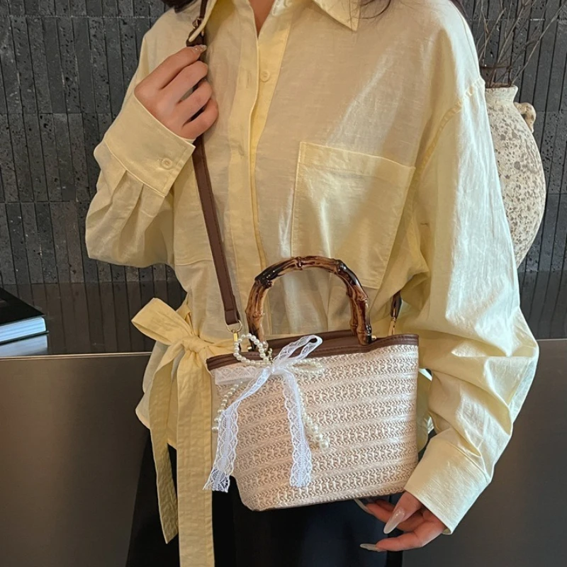 Summer Simple Woven Shoulder Bucket Bags for Women Casual Versatile Ladies Crossbody Bag Vacation Portable Girls Bamboo Handbag