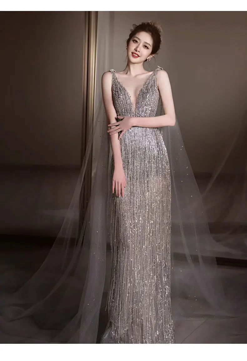 فاخر الترتر شرابة فساتين لحضور الحفلات الموسيقية المرأة مثير الخامس الرقبة عارية الذراعين حفلة عيد ميلاد فستان الزفاف أنيقة لامعة فساتين المناسبات الرسمية