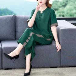 2024 Blue Short Sleeve V-Neck Loose Waist Dress+wide Leg Pants Two Piece Sets Women Summer Chic Luxury Elegant Floral Dress Sets