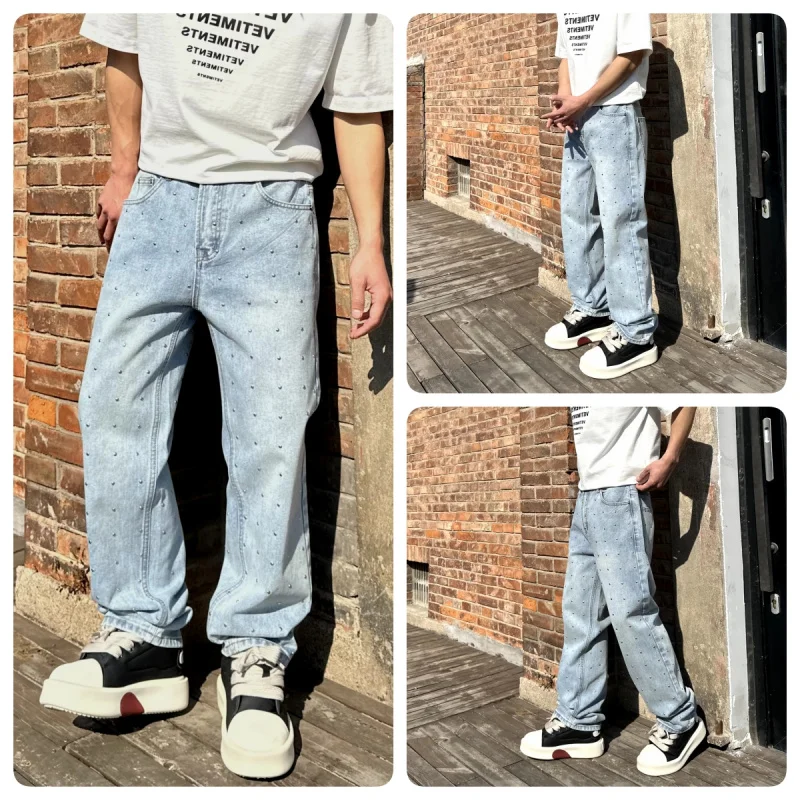 

1336 American high street trend rivets personality tide loose wide leg jeans man