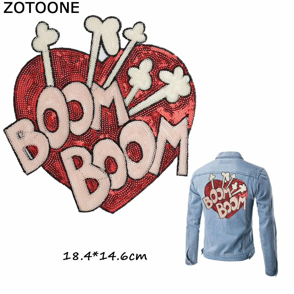 ZOTOONE Sweet BOOM BOOM Red Heart Patch Sew on Large Sequin Patch for Clothing Applique Stripe on Clothes Happy Valentine\'s Day