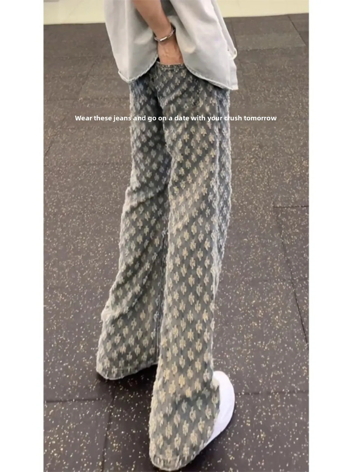 

Модные уличные джинсы в стиле хип-хоп с цветочным принтом, мужские, с высокой талией, прямые, длинные, летние, облегающие, повседневные, для подростков