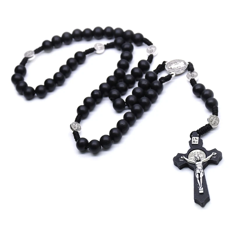 Collar religioso de madera negra para cruz, Rosario católico de cuentas redondas hecho a mano a la moda para regalos de collar religioso de cruz