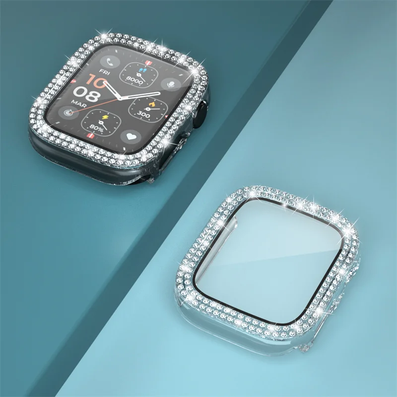 Gehärtetes Glas + Diamantabdeckung für Apple Watch-Gehäuse 46 mm 40 mm 44 mm 42 mm 41 mm 45 mm Bling Bumper Protector iWatch Serie 10 9 7 8 SE