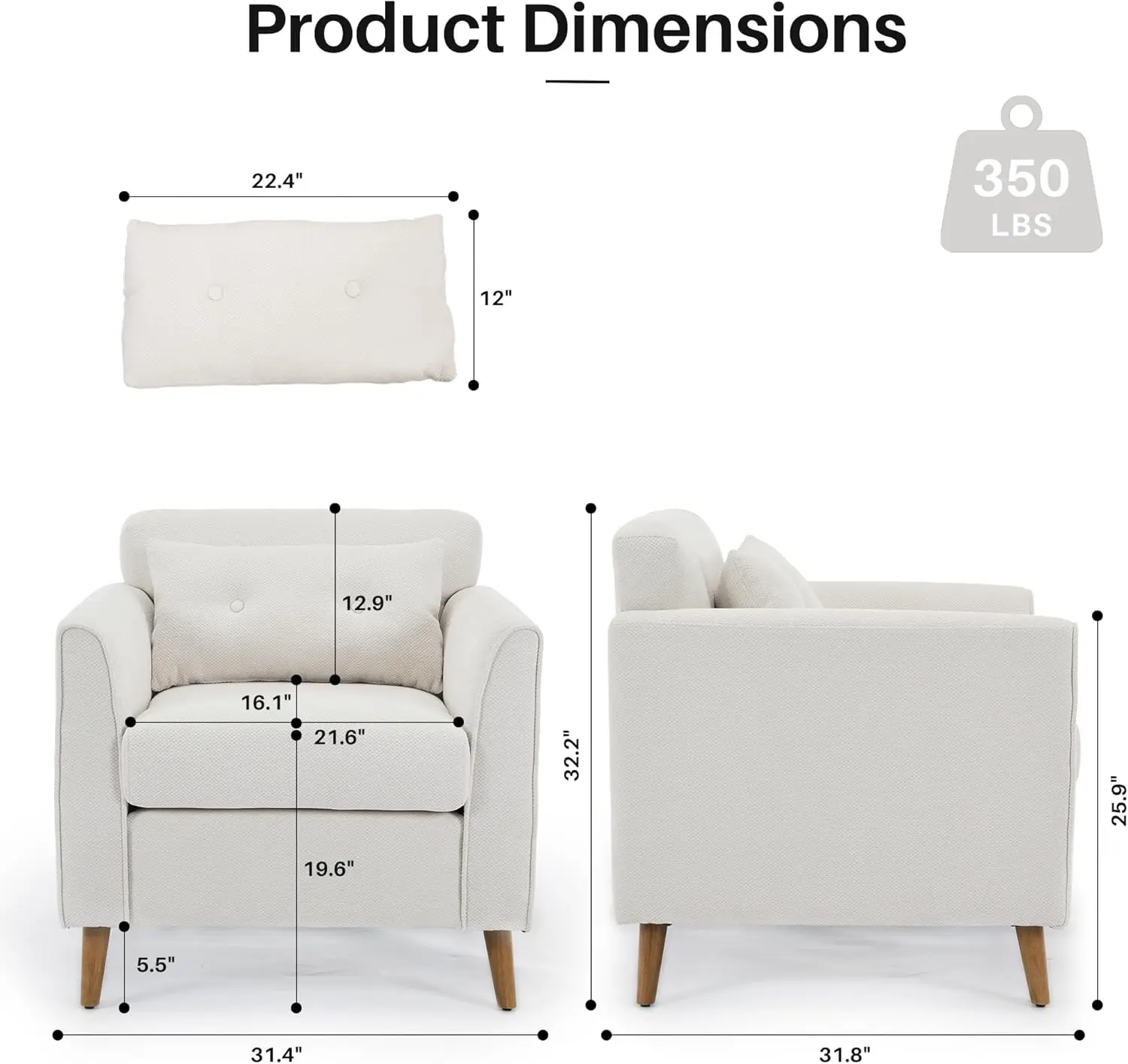 Beige Plush Fabric Armchair with Wooden Legs for Bedroom, Office, Cafe and Waiting Room, Modern and Comfortable