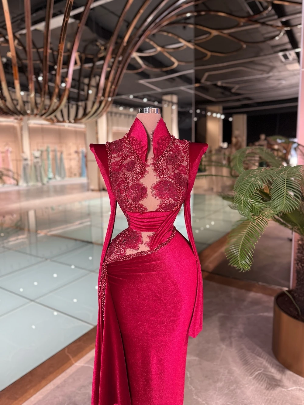 

Sexy Red Hollow Out Mermaid Evening Gown High Neck Lace Pearls Statement Velvet Custom Fit Formal Prom Dress Special Occasion