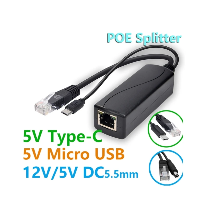 POE Ethernet Power Over Splitter, Módulo de Alimentação Injector, Câmera IP, MicroUSB, Tipo C, DC 5.5x2.1, DC3.5x1.35, 48V a 5V