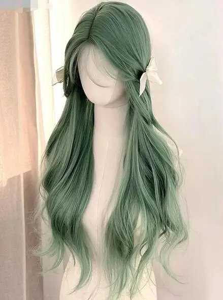 Grass green wavy synthetic wig