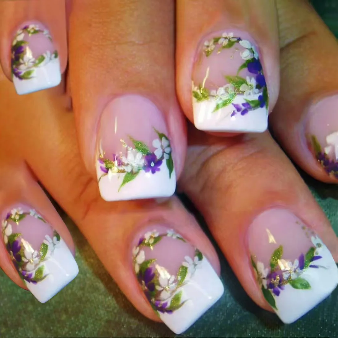 

24Pcs Short Square Head False Nail White Edge French Wearable Full Cover Nails Tips with Flower Shiny Powder Press on Fake Nails