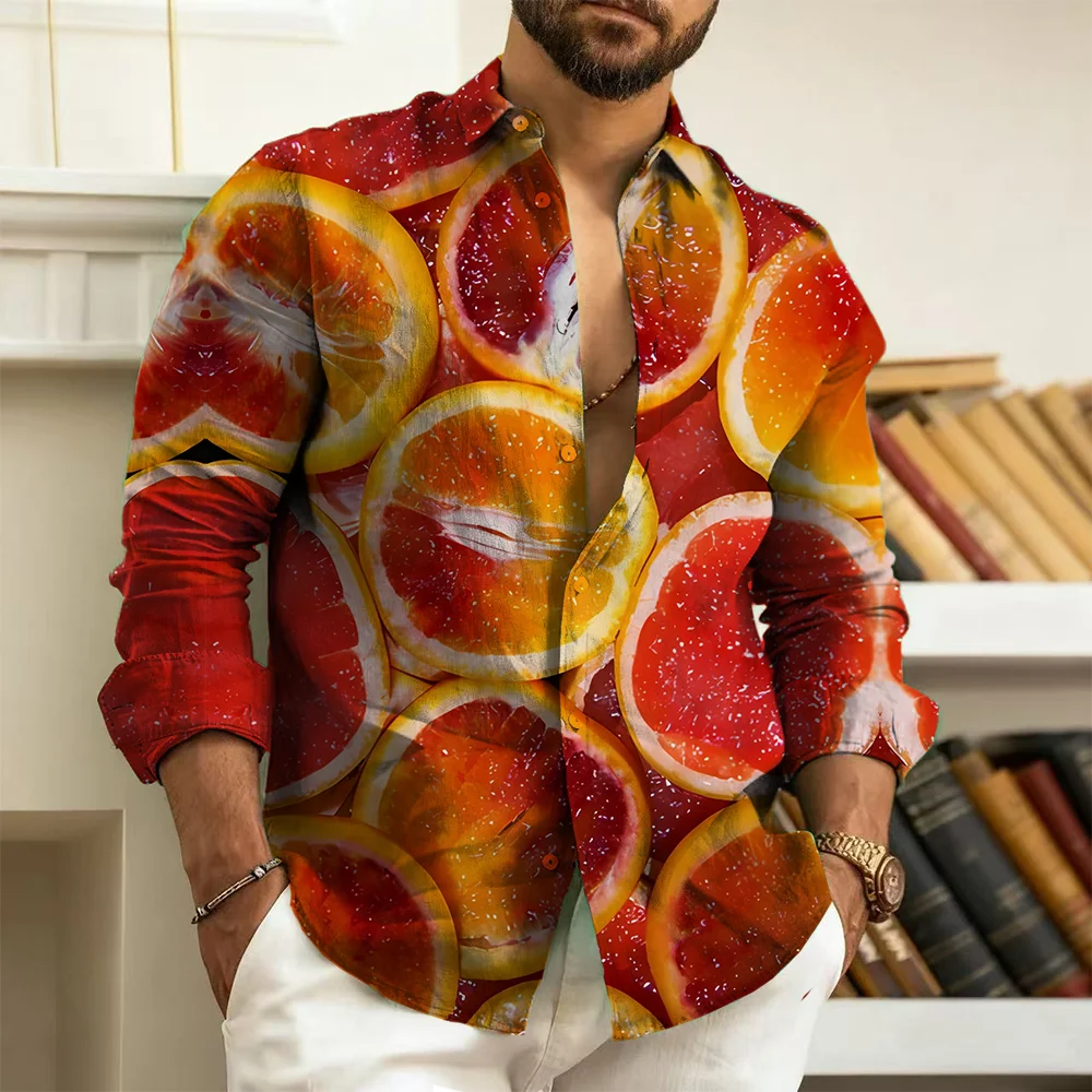 

S-9xl plus size Men's Shirt: Fruit-Chic Vibe - Big & Tall Fit, Soft Breathable Fabric, Tiny Mango-Strawberry Prints,
