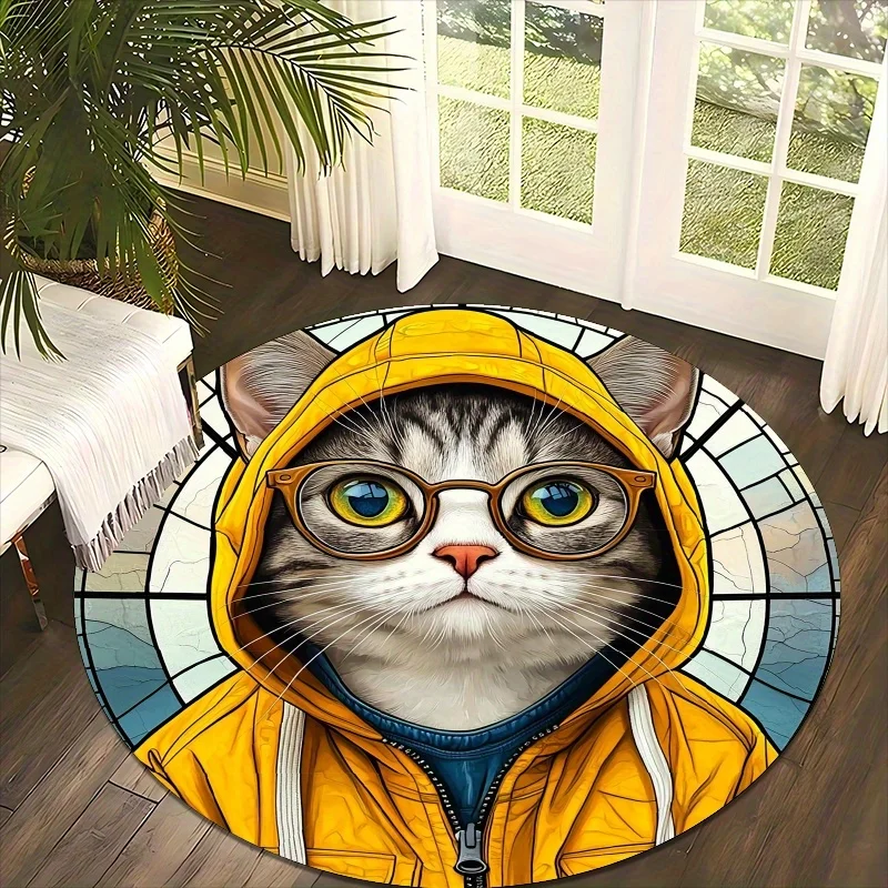 Yellow raincoat cat shape Flannel-printed round floor mats are slip-resistant Suitable living room terrace garden carpets
