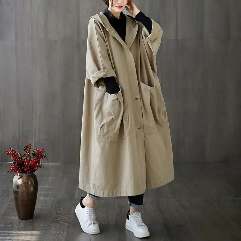 

Women Solid Long Hooded Windbreaker Autumn Winter New Korean High Street Pockets Single Breasted Coats Fashion Casual Loose Tops