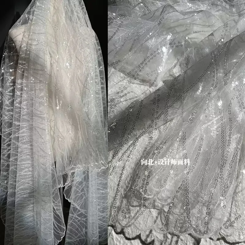 Luxury Heavy‑Duty Water‑Wave Sequin Embroidered Lace Mesh Fabric Sheer Tulle  Wedding Dress Gown Bridal Outfit  Material White