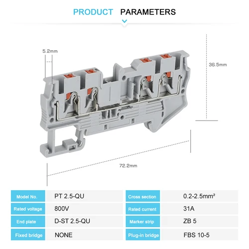 Imagen 2 del producto 10 Uds PT2.5-QU resorte de empuje enchufe de tira de 4 conductores PT 2,5 conector eléctrico de cable QUATTRO bloque de terminales de carril Din PT 2,5-QU