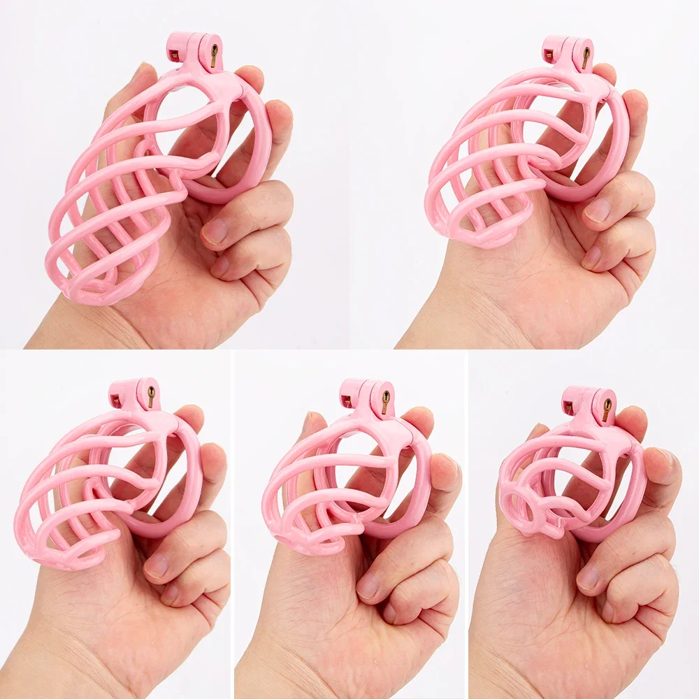 Male Chastity Cage with Breathable Design, Sensual Delights in Pink, Lightweight, 3D Printed, 4 Penis Rings, Lock and Lock