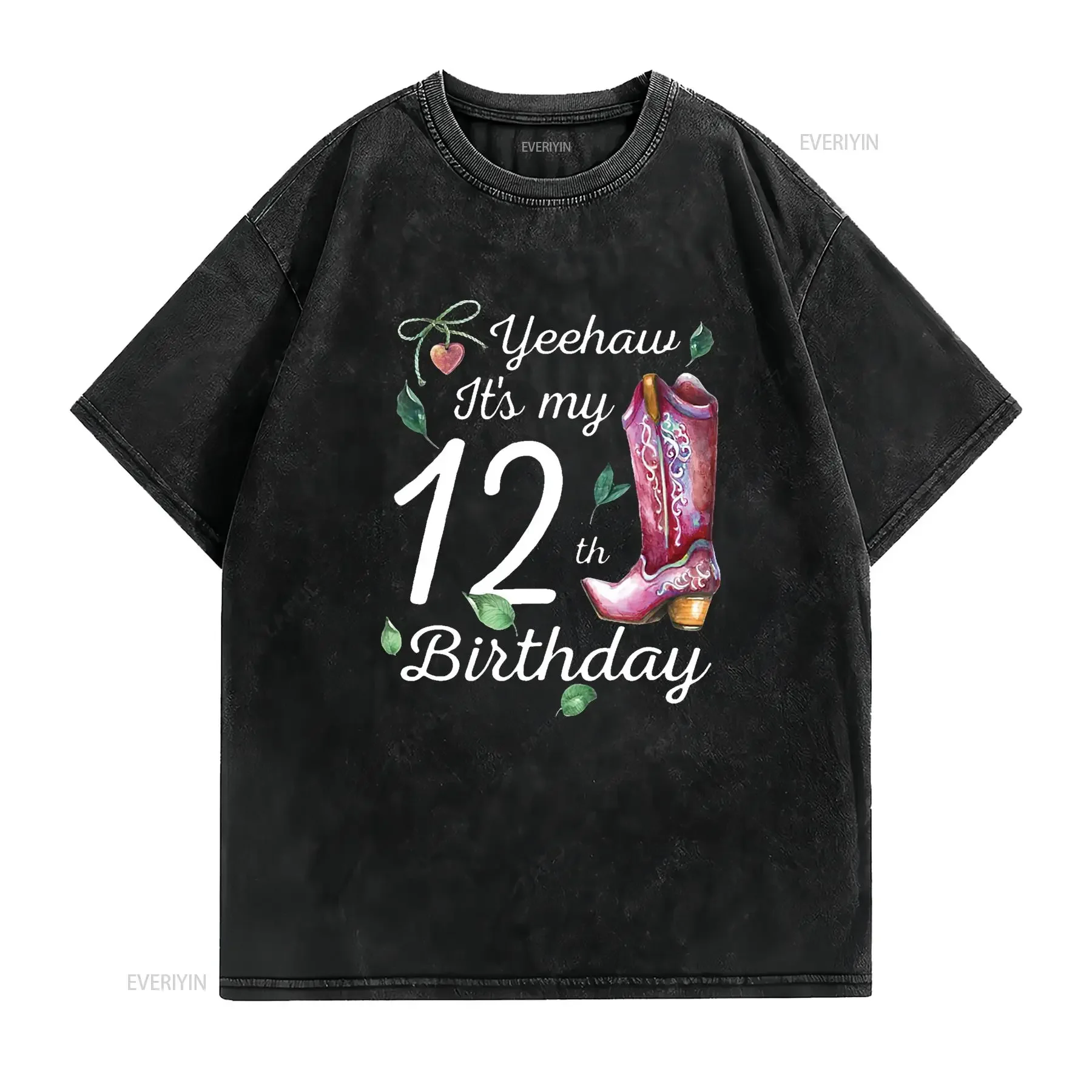 تي شيرت Yeehaw It My 12th Birthday 12 Year Old Country Cowgirl تي شيرت عتيق مغسول أوم متعدد الاستخدامات جرافيك موضة ممتدة غير رسمية