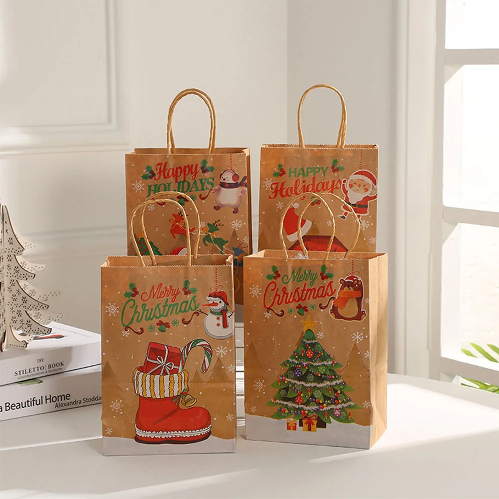 Christmas Decoration Kraft Paper Gift Bag with Handle Santa Claus Snowman Xmas Party New Year Holiday Candy Cookie Snack for Kid